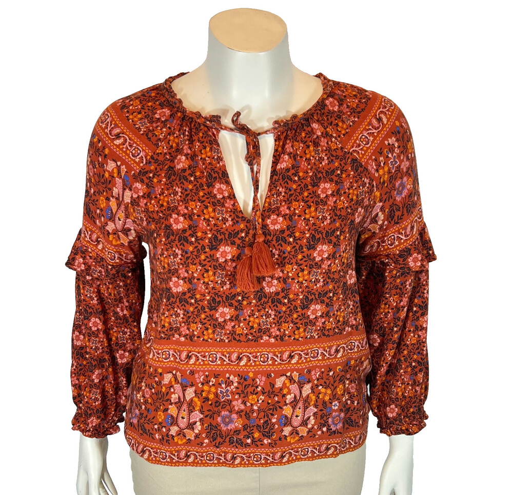 American Eagle Peasant Top Womens M Ditsy Floral Long Sleeve Tasseled V-Neck